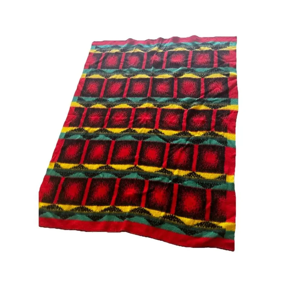 Vintage 1980s Reversible Wool Blend Acrylic Throw Blanket Retro Geometric